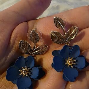 Blue and Gold Enamel Flower Earrings